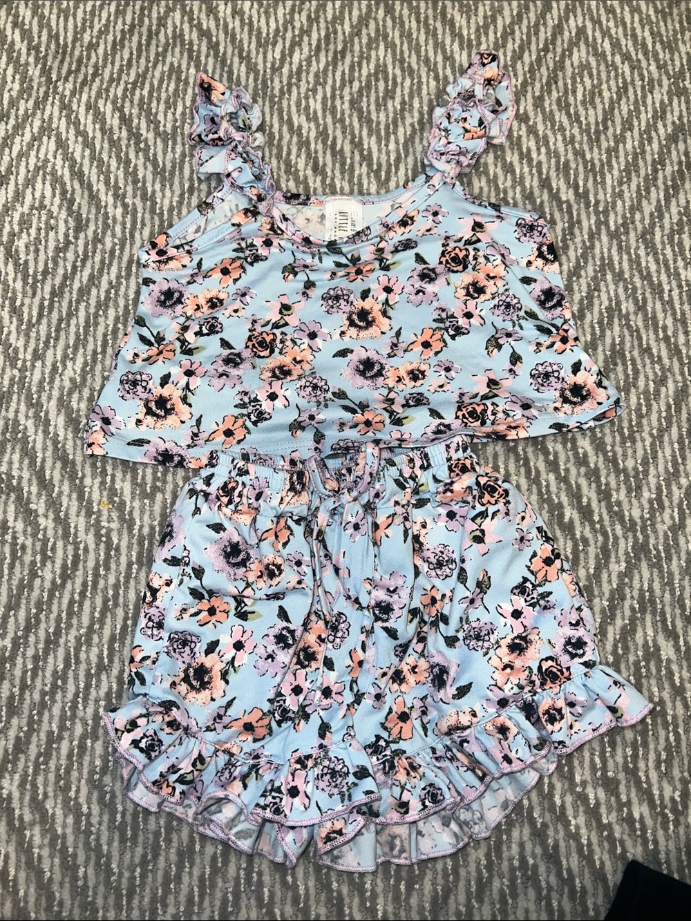 Little Mass Light Blue Floral Ruffle Tank & Shorts Set